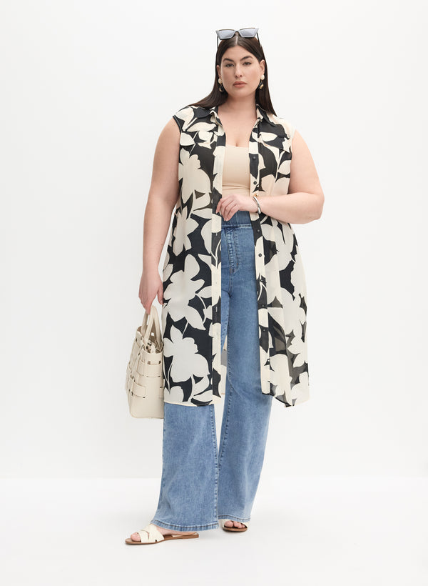 laura Melanie Lyne - Floral Tunic Blouse & Chain Trim Flare-Leg Jeans