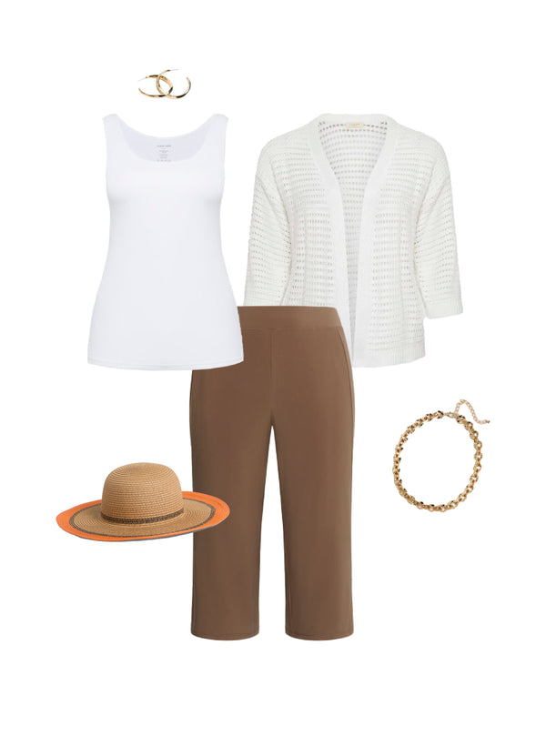 laura Open Front Knitted Cardigan & Side Slit Pull-On Capris