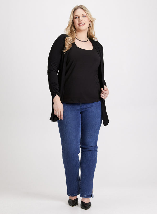 laura Open Front Layering Top & Slit Hem Pull-On Jeans