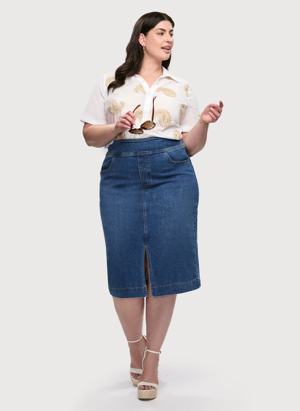 laura Paisley Embroidered Tie-Front Blouse & Denim Pencil Skirt