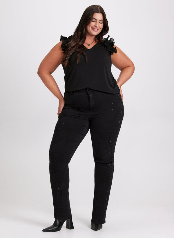 laura Pleated Shoulder Sleeveless Top & Rhinestone Detail Jeans