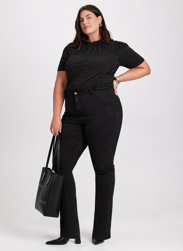 laura Polka Dot Mock Neck Top & Rhinestone Detail Jeans