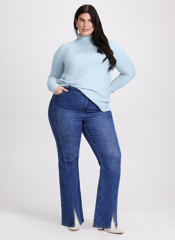 laura Rhinestone Embellished Sweater & High Rise Flared Leg Jeans