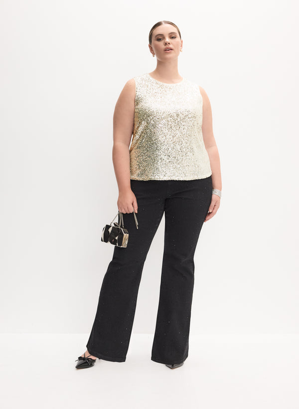 laura Sequin Embellished Tank Top & Studded Flare-Leg Jeans