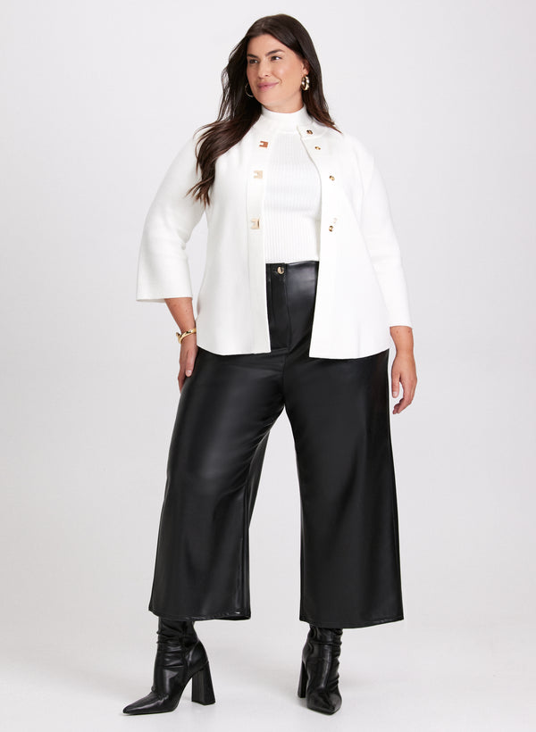 laura Short Sleeve Cardigan & Vegan Leather Wide-Leg Pants