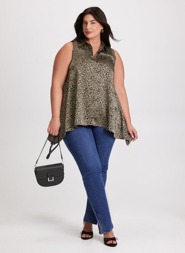 laura Sleeveless Animal Print Tunic & Embellished Slit Hem Jeans