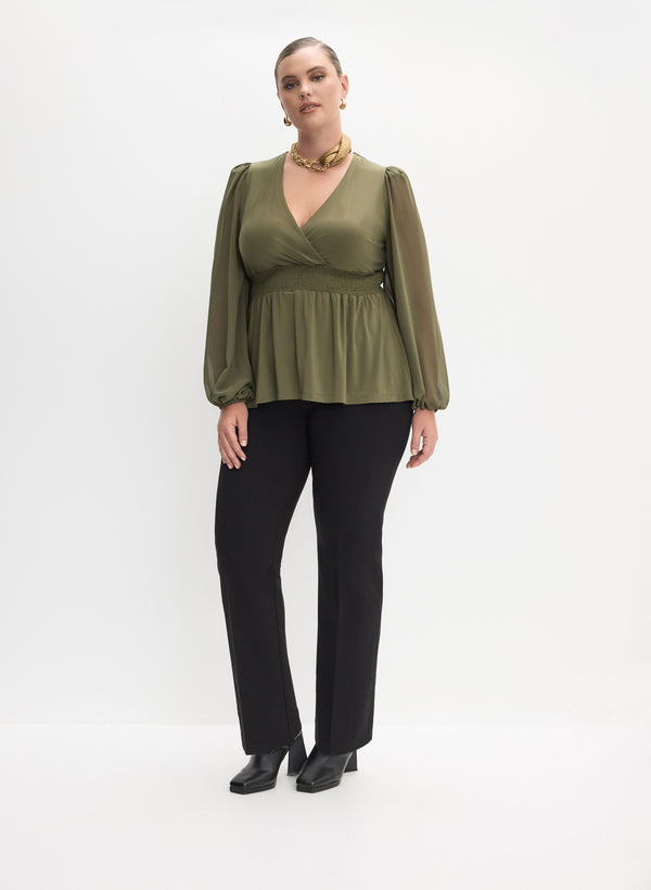 laura Smocked Long Sleeve Blouse & Straight-Leg Pull-On Pants