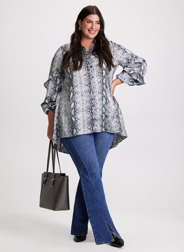 laura Snake Print Ruffle Sleeve Blouse & High Rise Flared Leg Jeans