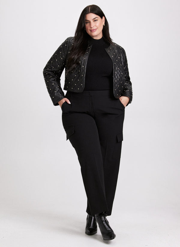 laura Studded Vegan Leather Jacket & High Rise Flared Leg Jeans