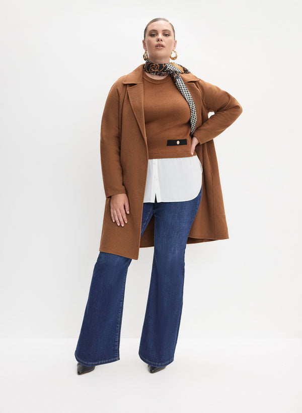 laura Wool Coat Fooler Sweater & Pull-On Flare Leg Jeans